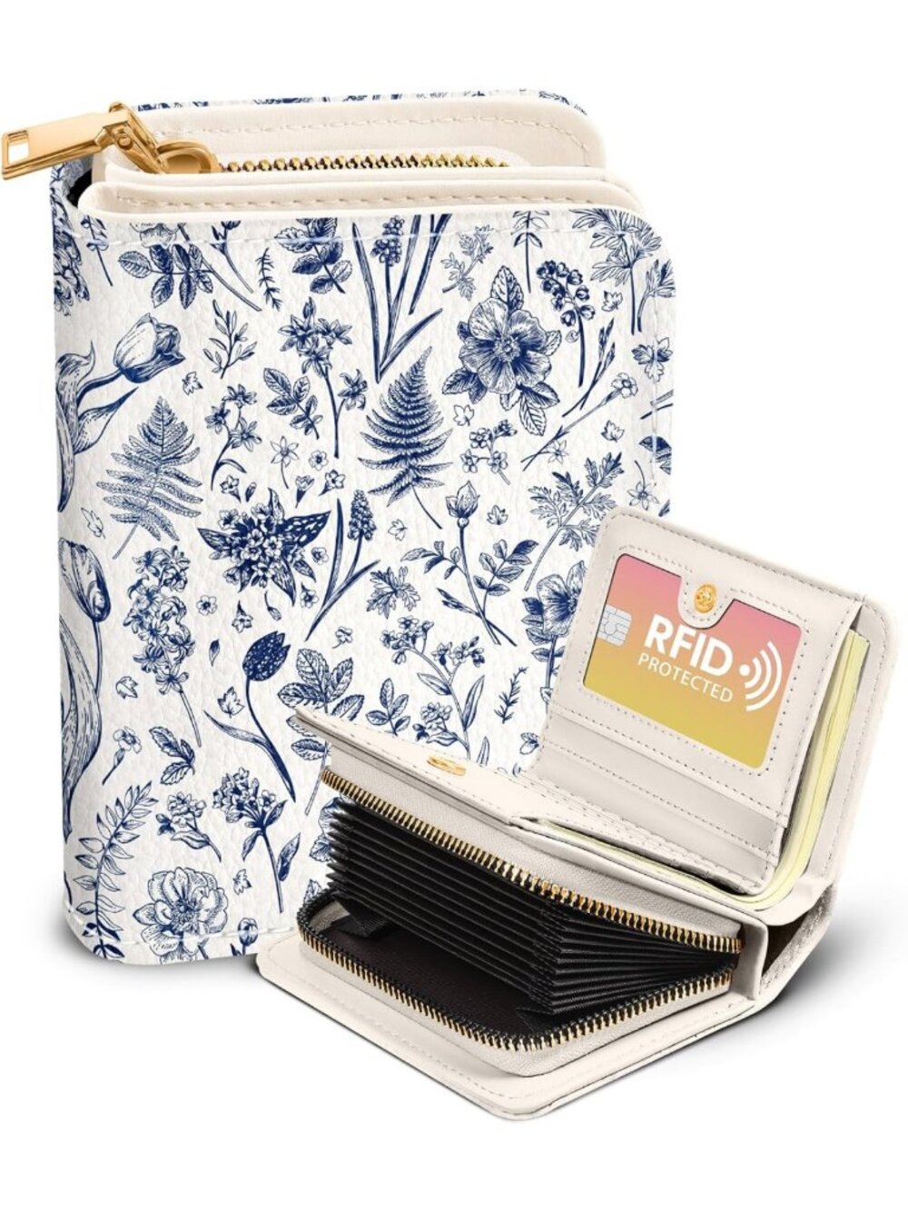 16-Slot RFID Women's Wallet - Blue Floral Credit Card Holder, Stylish & Secure